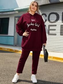 SHEIN Essnce Plus Slogan Graphic Drop Shoulder Drawstring Hoodie & Pants Set - Burgundy - View 2