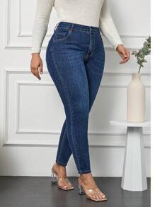 Plus Size  Zipper Fly Skinny Jeans - Navy Blue - View 4