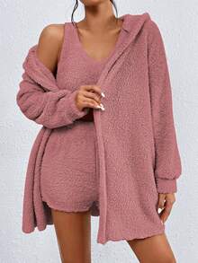 SHEIN Unity Áo khoác dài tay có mũ trùm đầu màu trơn cho nữ, cổ tròn, áo vest + quần short cạp chun, bộ đồ thường ngày - Hồng - Xem 3