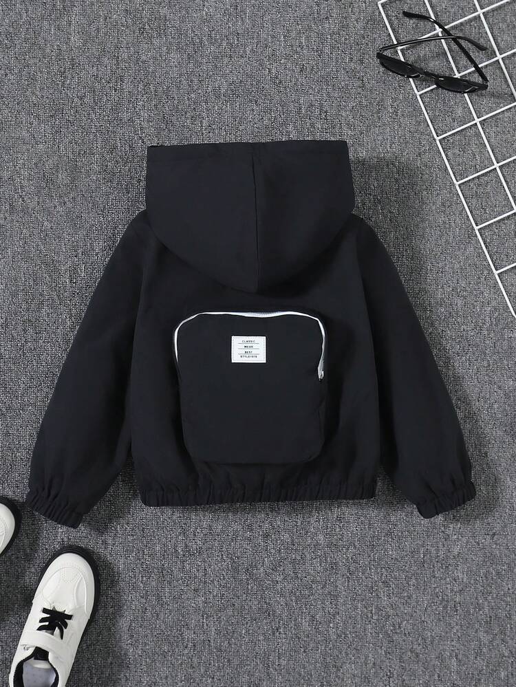 Young Boy Letter Patched 3D Pocket Detail Hooded Jacket