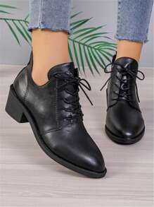 Women's Fashionable Black Pointed Toe Chunky High Heel Ankle Boots - Stylish Soft Exterior, Front Lace-Up, Suitable For Spring And Autumn