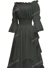 Off Shoulder Flounce Sleeve Ruffle Trim Ruffle Hem Dress