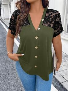 SHEIN Clasi 大碼蕾絲拼接前紐扣T恤 - 軍綠色 - 查看 4