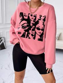 SHEIN EZwear Figure Graphic Drop Shoulder Sweatshirt - Pink - View 5