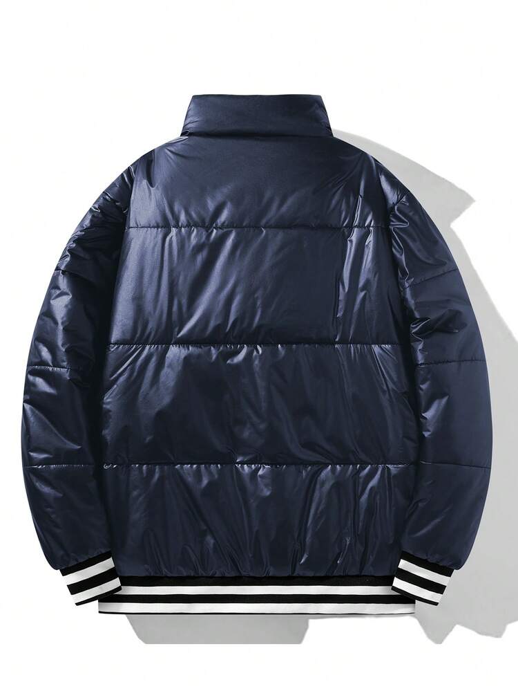 Men Letter Graphic Striped Trim Zip Up Padded Coat