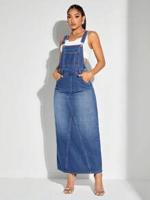 SHEIN BAE Túi nghiêng Tách rời Đầm denim Không có Áo ba lỗ - Rửa tối - Xem 3