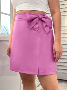 SHEIN EZwear 大碼高腰前蝴蝶結開衩短裙 - 粉色 - 查看 3