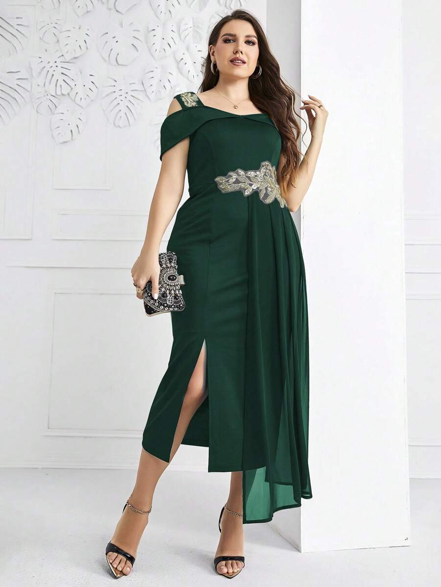 Modelyn Plus Cold Shoulder Appliques Detail Split Thigh Dress - Dark Green - View 1