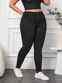 SHEIN Cottnline Plus Size  High Waist Skinny Jeans - Black - View 5