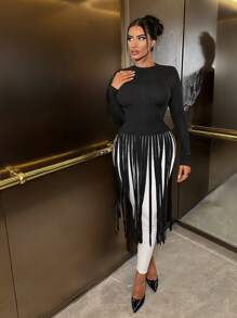 SHEIN SXY Fringe Hem Ribbed Knit Tee - Black - View 4