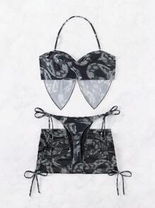 Swim EVENT 夏季海灘蛇紋領口比基尼套裝，附海灘裙 - 彩色 - 查看 7