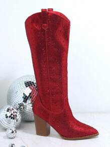 SHUZIA Glitter Spetsig Tå Tjocka Klackar Kängor