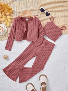 SHEIN Young Girl Open Front Jacket & Flare Leg Pants & Cami Top - Pink - View 1