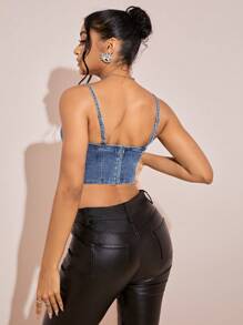 Lace Up Front Asymmetrical Hem Denim Top - Blue - View 2