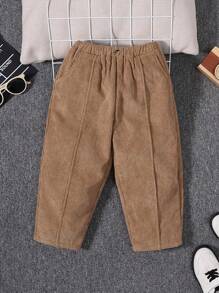SHEIN Young Boy Slant Pocket Thermal Lined Corduroy Pants - Khaki - View 2