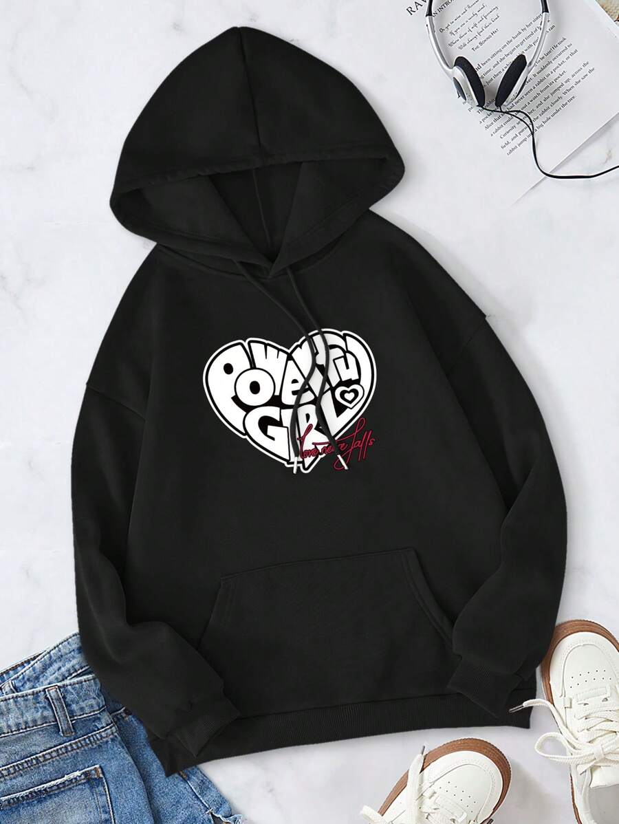 SHEIN EZwear Heart & Letter Graphic Kangaroo Pocket Drawstring Hoodie - Black - View 1