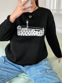 Flirla 加大码骷髅印花落肩套头卫衣 秋季卫衣 - 黑色 - 查看 1