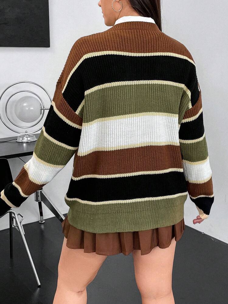 Plus Color Block Drop Shoulder Sweater Without Blouse Knit Pullover Fall Winter Sweater