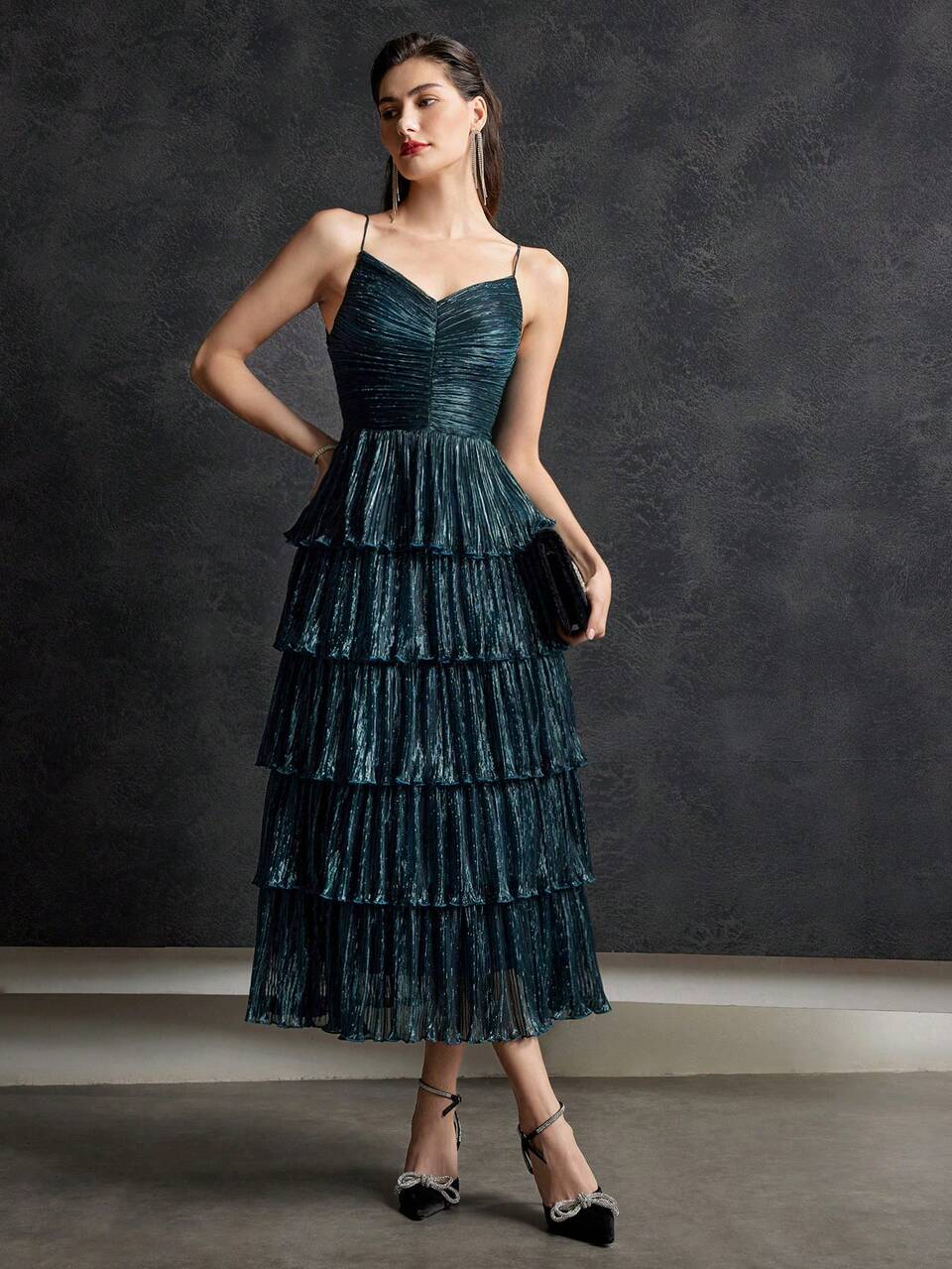 METALLIC PLISSE TIERED DRESS