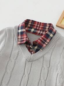 Young Boy Cable Knit Contrast Collar 2 In 1 Sweater