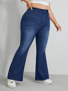 SHEIN EZwear 大碼牛仔喇叭褲 - 深色水洗藍 - 查看 3