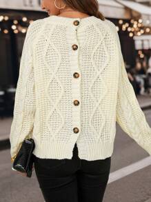 SHEIN LUNE Suéter de punto con mangas raglán y botones en la espalda para otoño e invierno - Beis - Ver 1