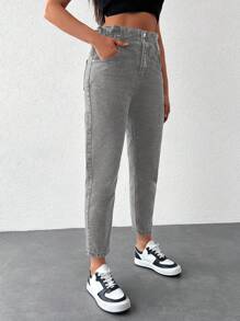 SHEIN Cottnline Women's Tapered Jeans - Hitam - View 5