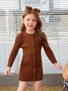 SHEIN Young Girl Button Front Ribbed Knit Sweater Dress - Brown - View 3