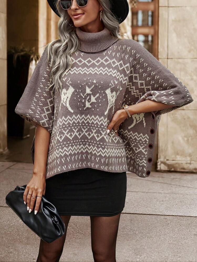 Geo Pattern Turtleneck Batwing Sleeve Knit Poncho Knit Pullover Sweater Fall Winter