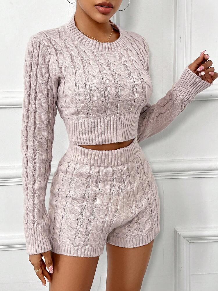 Cable Knit Crop Sweater & Knit Shorts Fall Cloth For Women