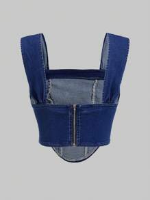 SHEIN MOD Raw Trim Curved Hem Denim Top - Medium Wash - View 2