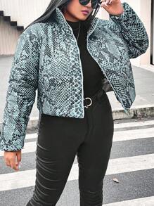 Flirla Plus Snakeskin Print Zip Up Padded Padded Coat Clothes Winter Thermal - Green - View 5