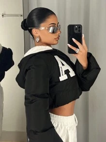 SHEIN ICON Áo khoác trùm đầu có đệm hình chữ vá - màu đen - Xem 5