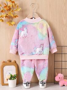 Baby Girl Unicorn Embroidery Teddy Sweatshirt & Pants - Pink - View 2