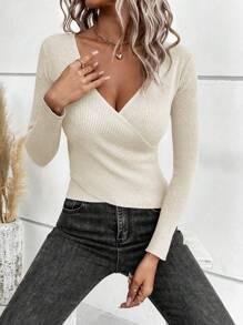 SHEIN Clasi Solid Wrap Cross Ribbed Knit Sweater,Long Sleeve Tops In Fall/Winter - Camel - View 3