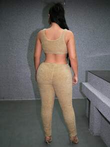 SHEIN SXY Solid Crop Tank Top & Leggings - Khaki - View 2