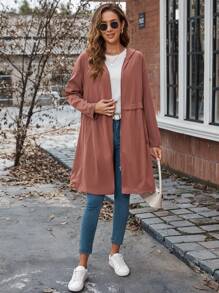 SHEIN LUNE 落肩袖拉鏈開襟連帽外套 - 摩卡棕 - 查看 6