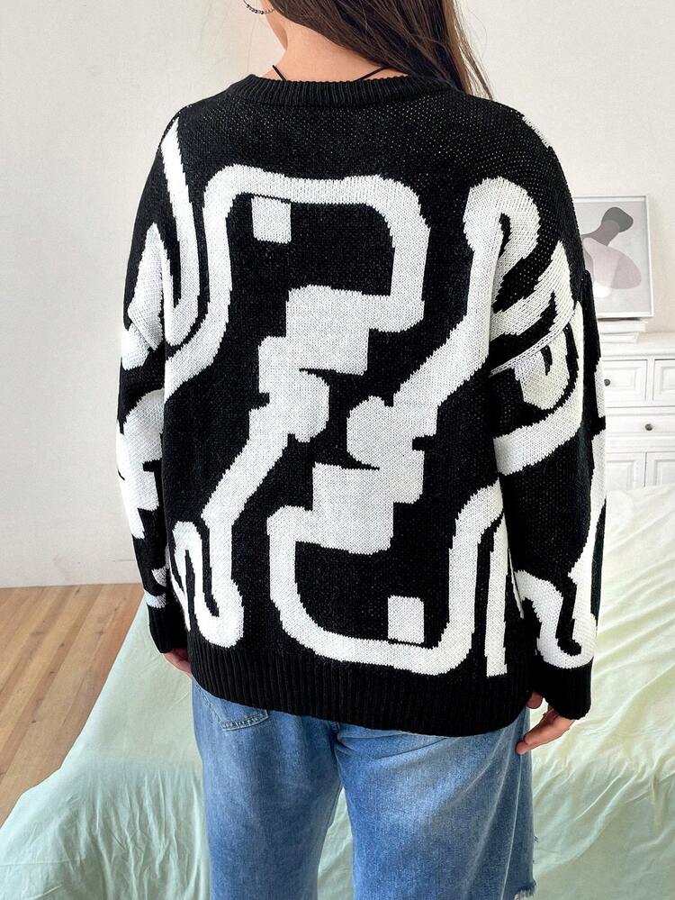 Plus Graphic Pattern Drop Shoulder Sweater Knit Pullover Fall Winter Sweater