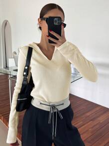 DAZY Chất rắn Đồ đan Ribbed Áo thun - Màu be - Xem 6