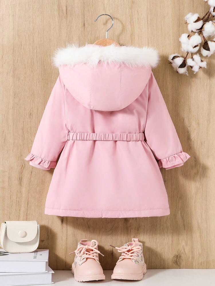 Baby Girl Fuzzy Trim Hooded Belted Coat