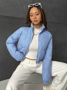 SHEIN EZwear 冬季拉链短款夹棉大衣 - 藍色 - 查看 4