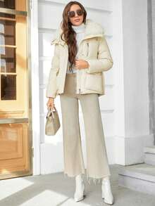 GASMAN Flap Pocket Fuzzy Trim Hooded Padded Coat - Beige - View 5