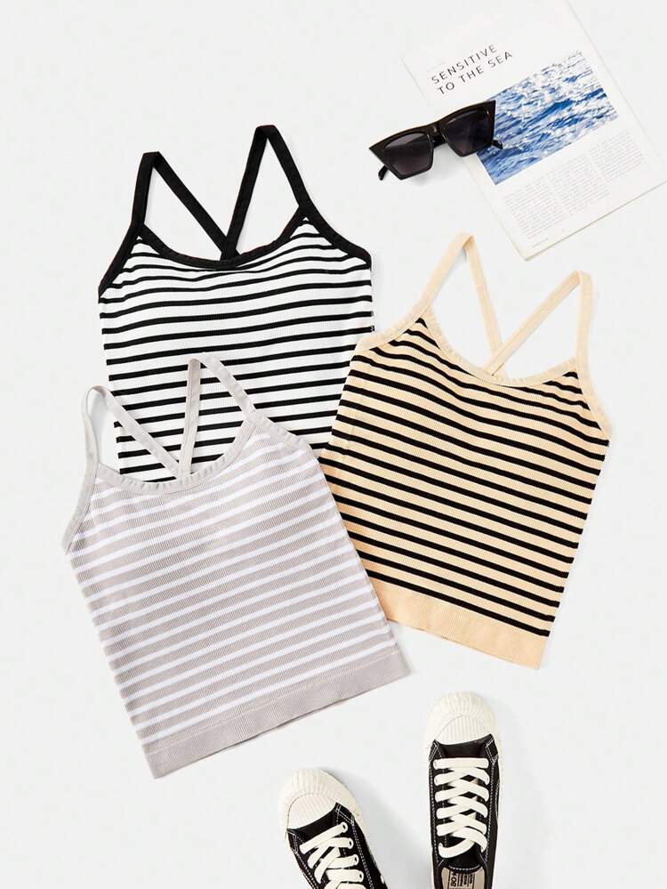 3pcs Striped Criss Cross Back Sports Bra