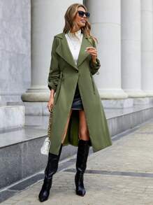 SHEIN Clasi 捲邊袖腰部抽繩風衣外套 - 軍綠色 - 查看 3