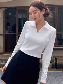 DAZY Solid Ribbed Knit Tee,Back To School Clothes Preppy Tops Long Sleeve Women Tops - White - View 3