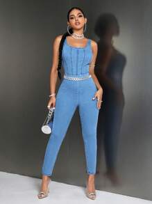 SHEIN SXY Zip Back Denim Tank Jumpsuit Without Belt - Medium Wash - View 2