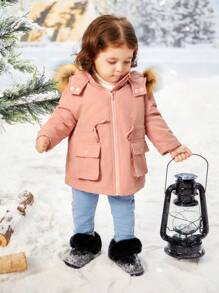SHEIN Đứa bé gái Túi có nắp Trang trí Fuzzy Áo trùm đầu - Hồng - Xem 4