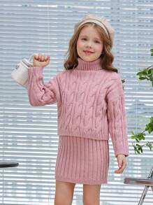 女小童1入組麻花編織高領落肩袖套頭毛衣&1入組針織短裙 - 粉色 - 查看 1