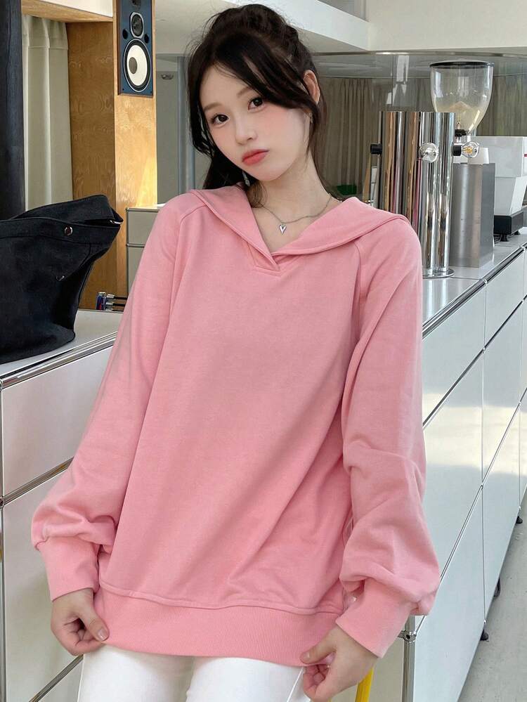 DAZY 纯色插肩袖连帽衫，秋装运动衫 - 粉色 - 查看 5