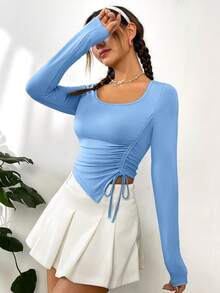 SHEIN EZwear Bên dây rút Scoop Cổ Viền không đối xứng Áo thun - Màu xanh lam - Xem 4